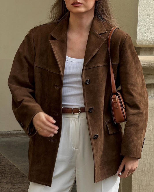 Blazer de Ante Mujer con Corte Holgado y Cierre de Botones Elegante