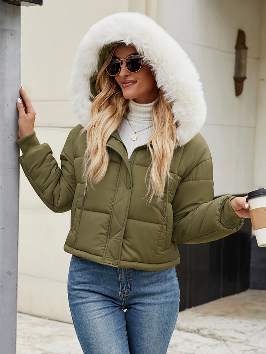 Chaqueta corto Isla Luxe mujer con capucha de piel, acolchado y diseño elegante para invierno