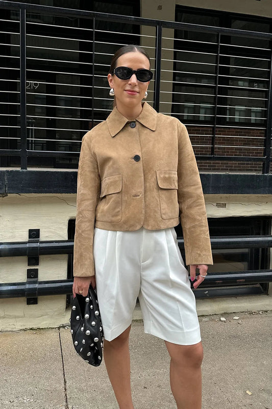 Chaqueta de Piel Suede Mujer con Corte Recto y Detalles de Botones