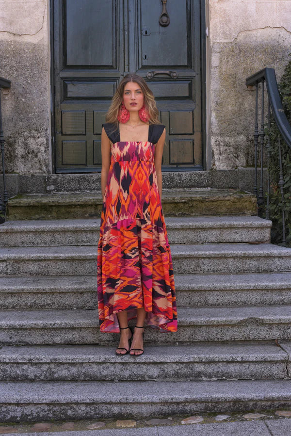 Vestido largo de fiesta Zahara™ con estampado étnico, tirantes de tafetán negro y bajo asimétrico