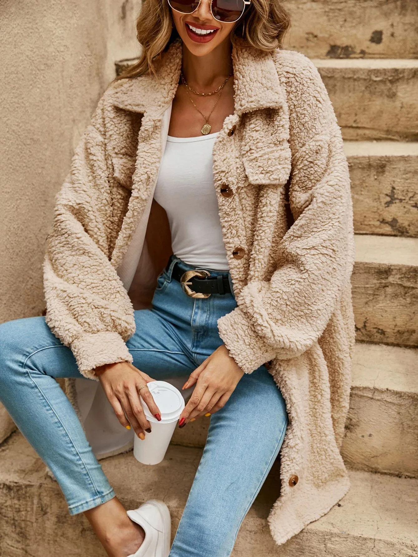 Lange fleece jas Paige para mujeres, estilo clásico y elegante