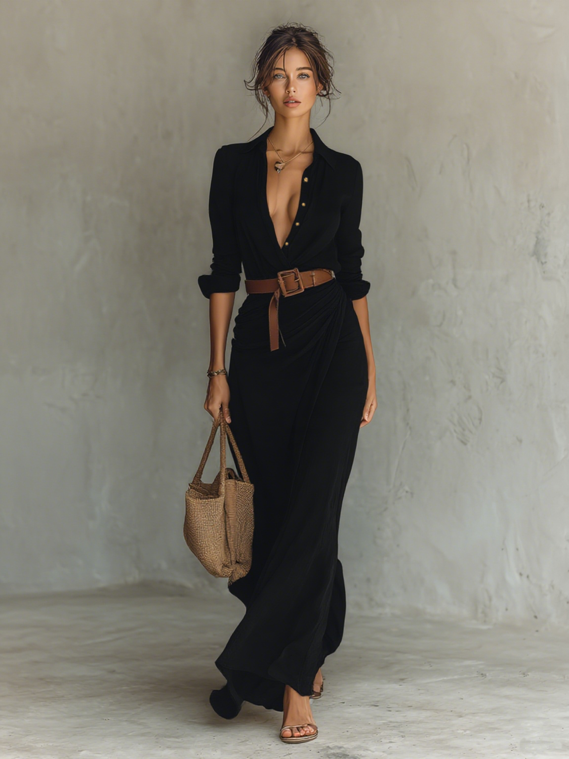 Zara Vestido Largo con Cuello Invertido y Cinturón Ajustable