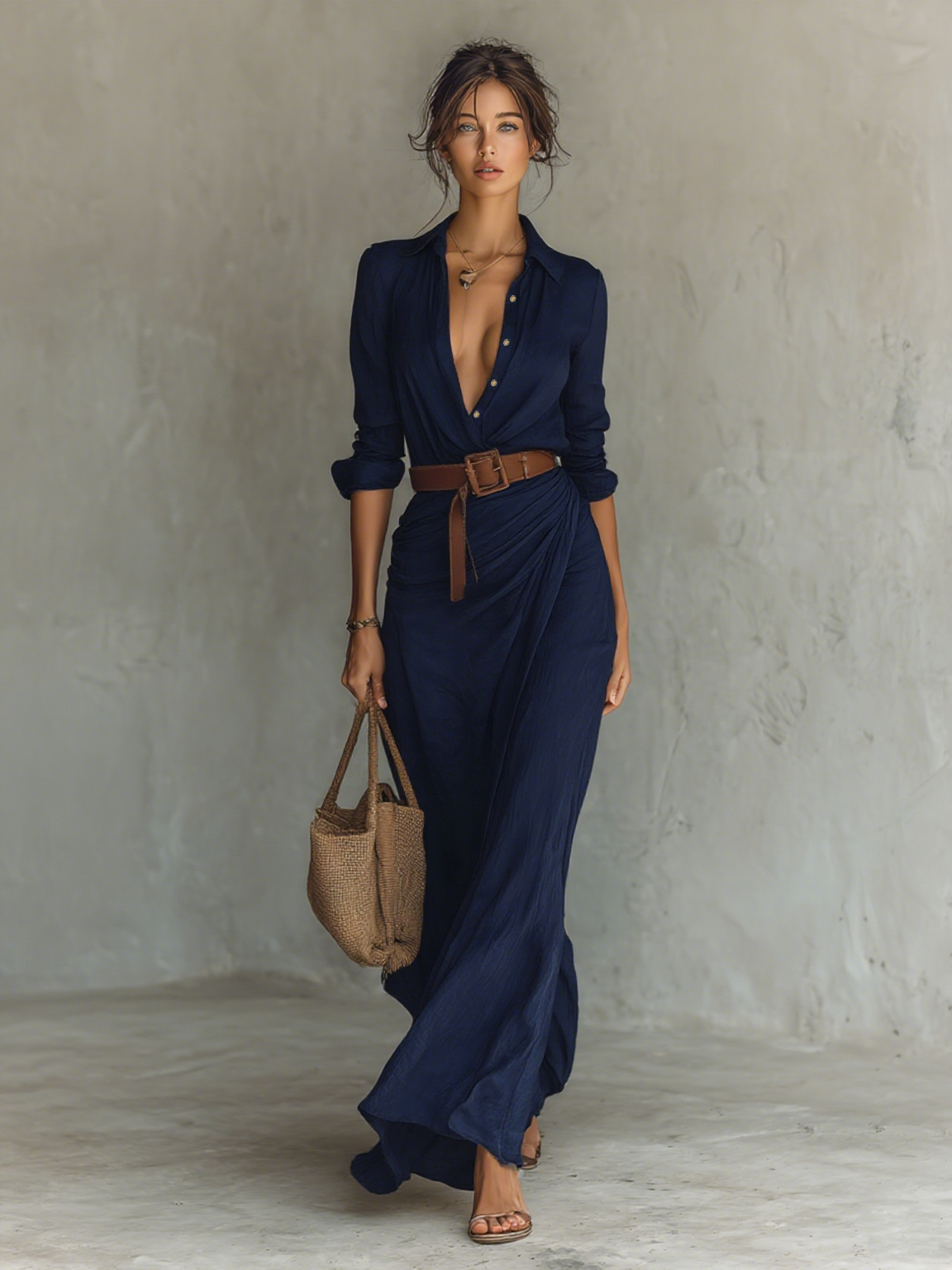 Zara Vestido Largo con Cuello Invertido y Cinturón Ajustable