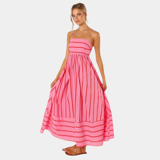 Vestido casual largo rosa con tirantes finos y pliegues sutiles para mujer