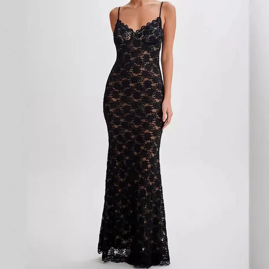 Selene™ vestido midi negro de encaje con escote favorecedor y detalles transparentes