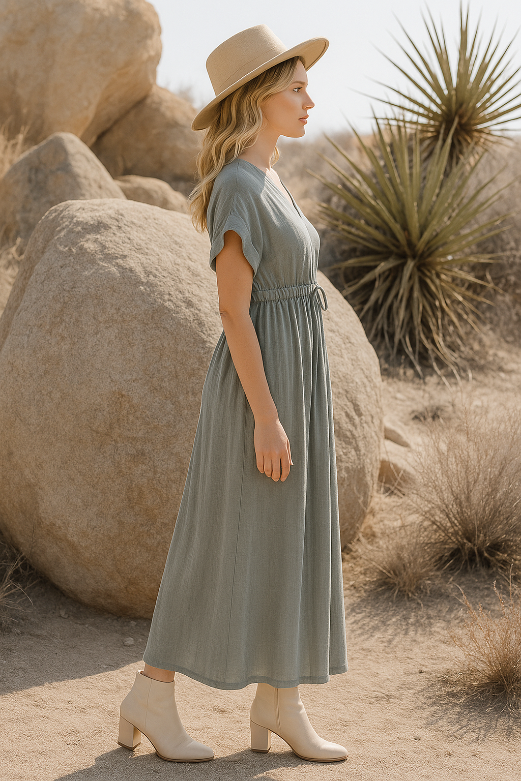 Maxi vestido verde/gris Ibiza Sara con escote en V y corte fluido para verano