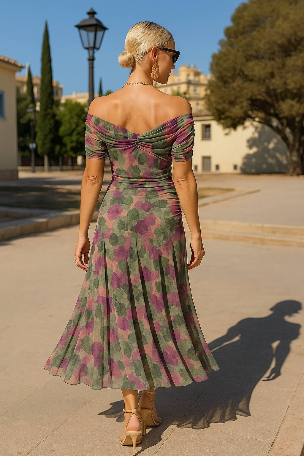 Alma Vestido Largo con Escote Bardot y Estampado Floral