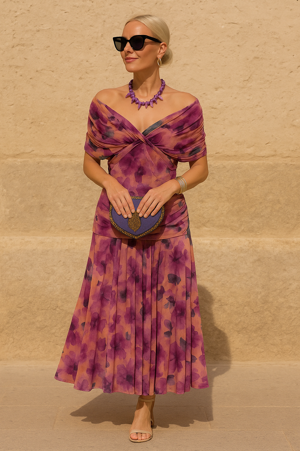 Alma Vestido Largo con Escote Bardot y Estampado Floral