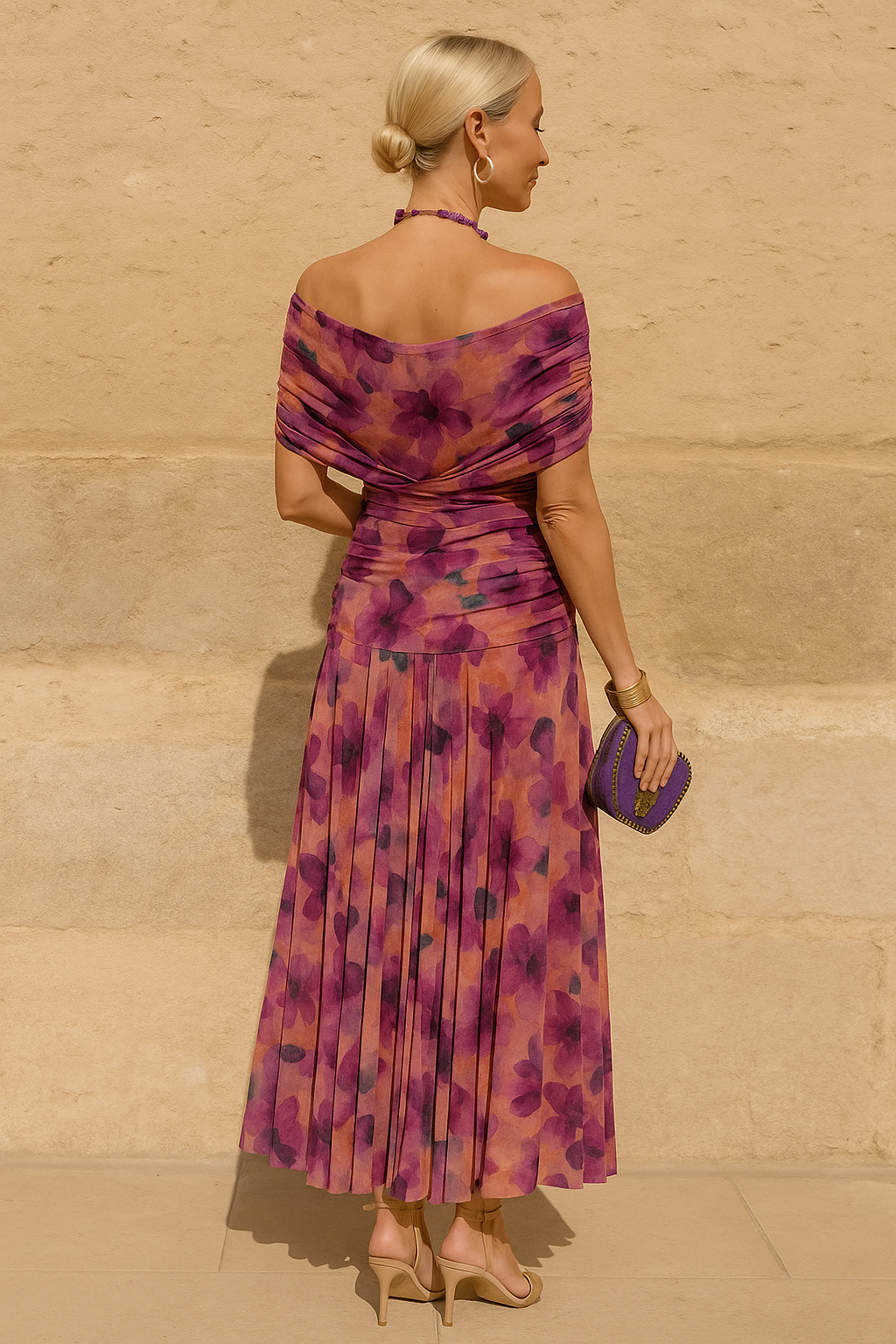 Alma Vestido Largo con Escote Bardot y Estampado Floral
