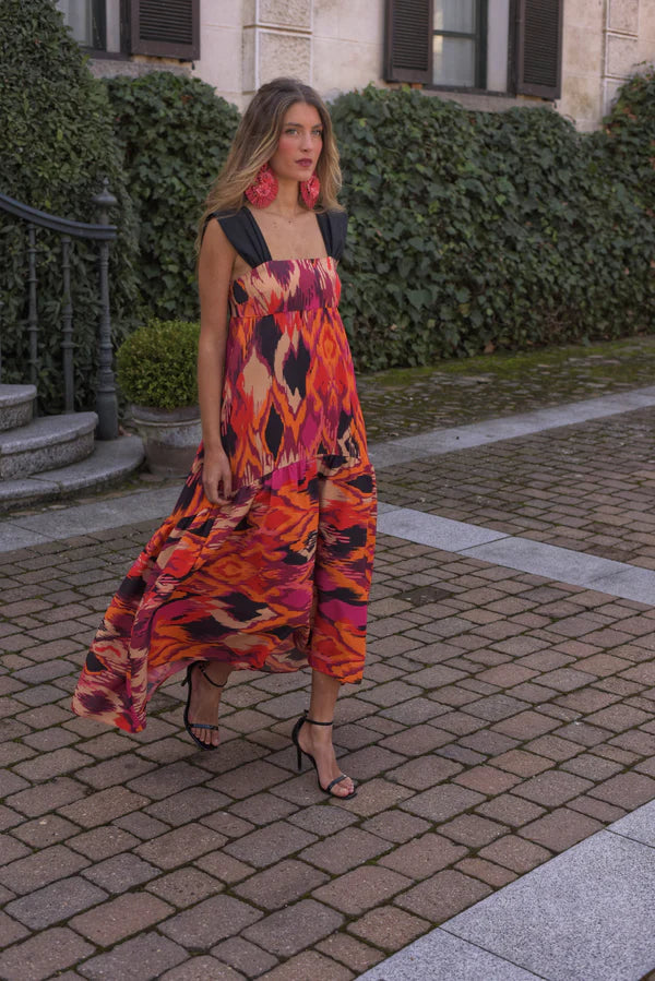 Vestido largo de fiesta Zahara™ con estampado étnico, tirantes de tafetán negro y bajo asimétrico