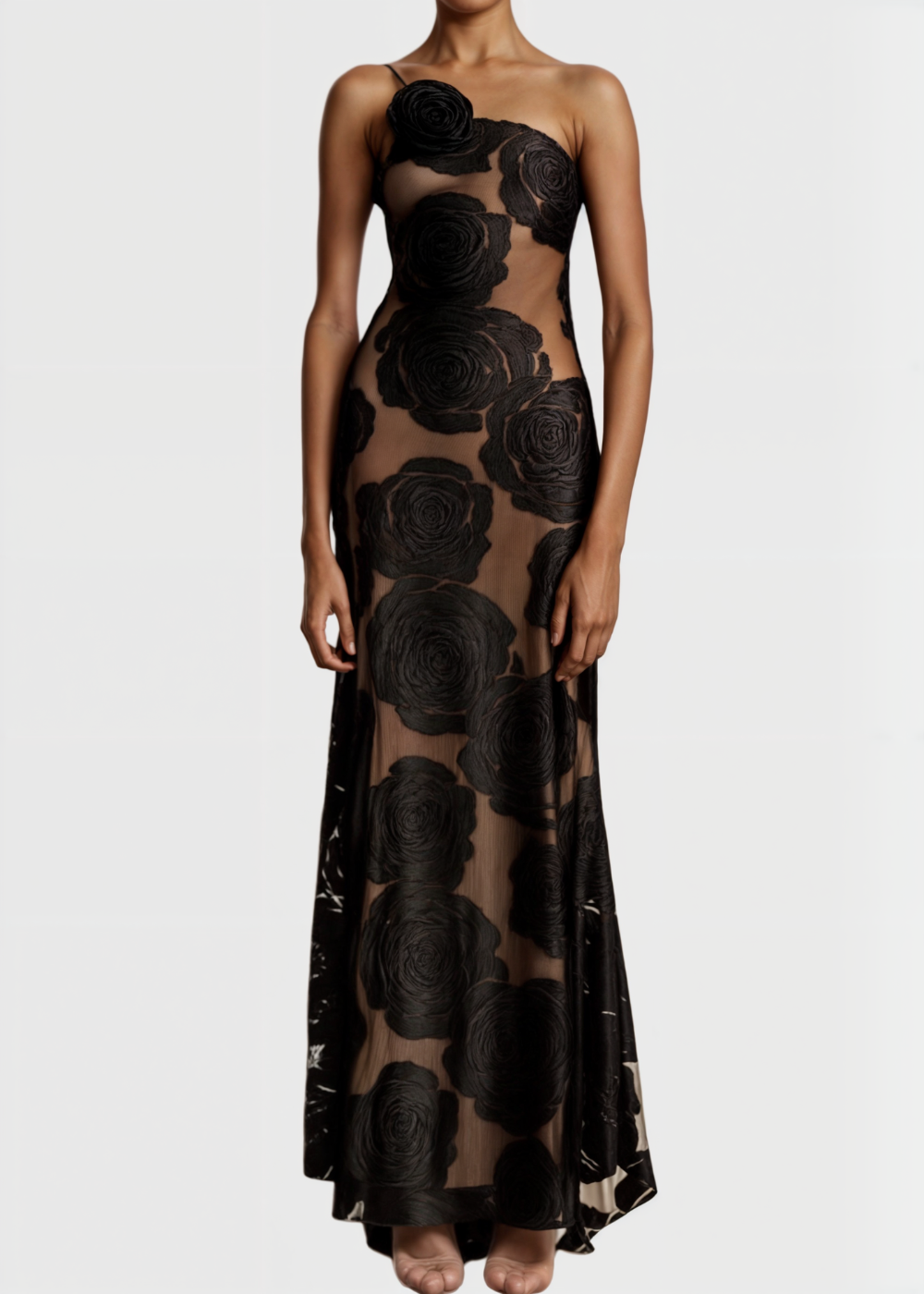 Vestido Faith Rozenbloem maxi con aplicaciones de rosas y tirante asimétrico