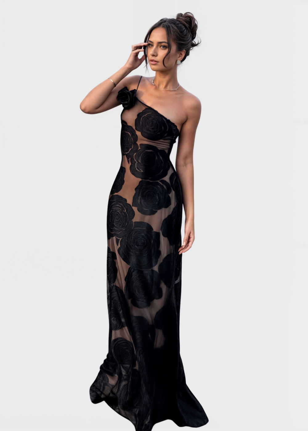 Vestido Faith Rozenbloem maxi con aplicaciones de rosas y tirante asimétrico