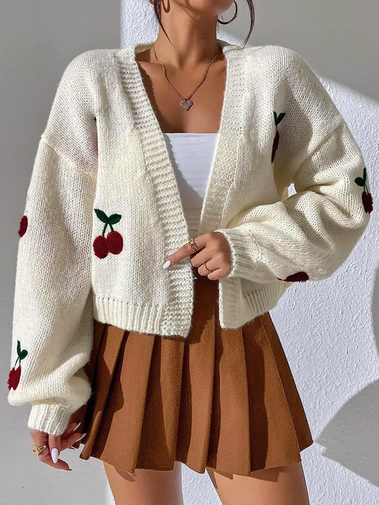 Cardigan de punto con estampado de cereza para mujer, cálido y estilizado