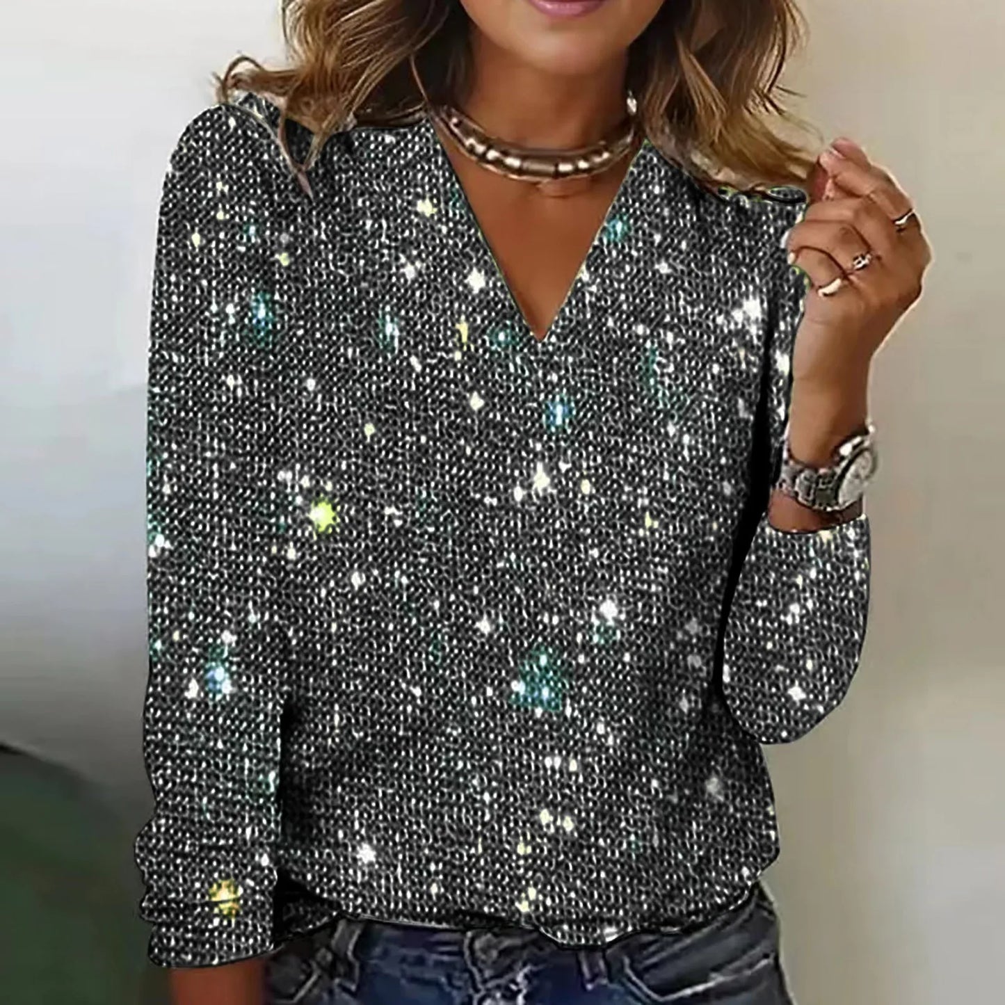 Top Monique para mujer con paillettes brillantes y escote en V para ocasiones elegantes