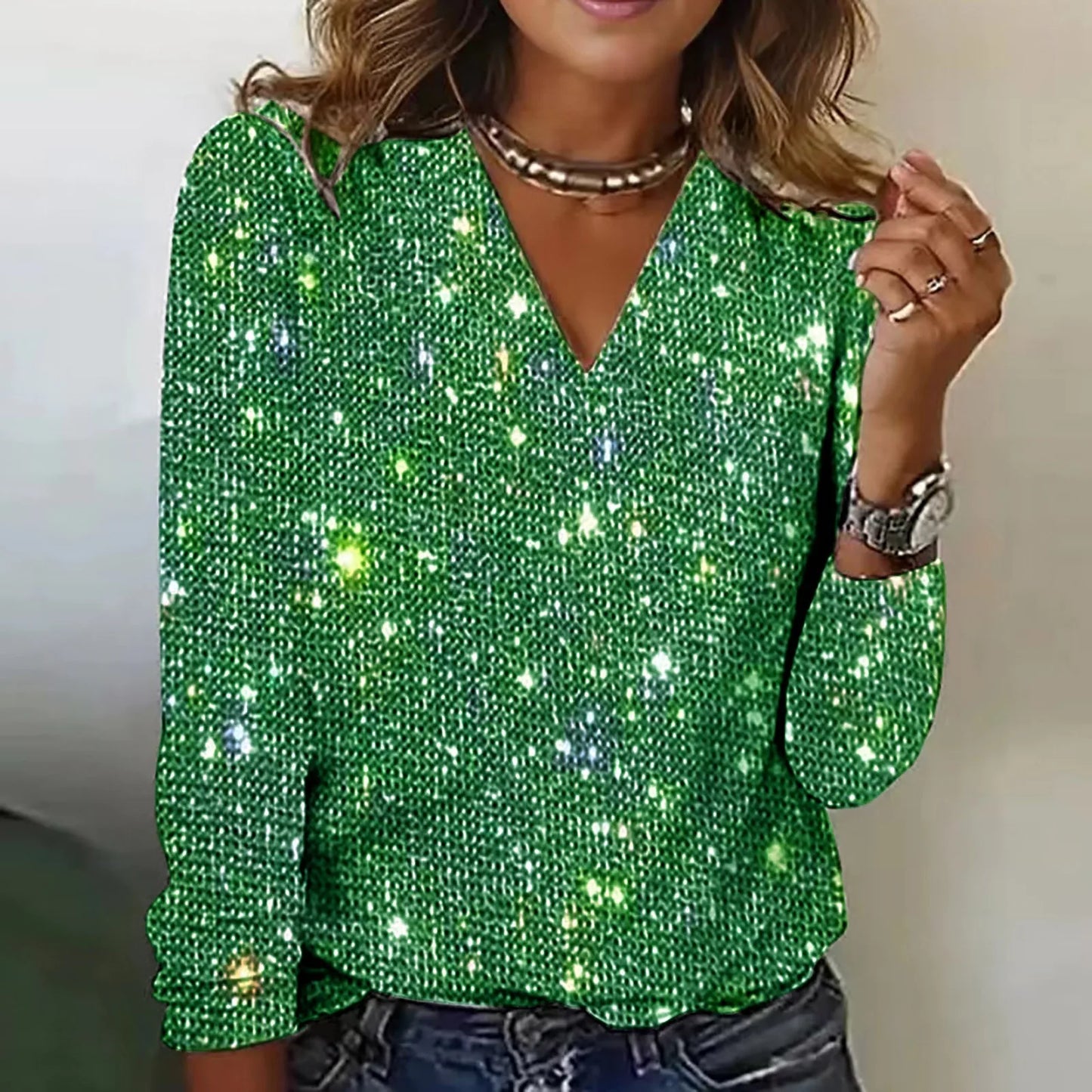 Top Monique para mujer con paillettes brillantes y escote en V para ocasiones elegantes