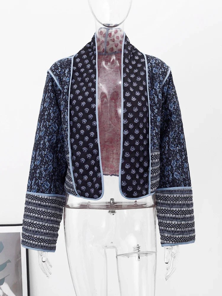 Abrigo reversible mujer con estampado floral, rosa y azul, elegante y cómodo