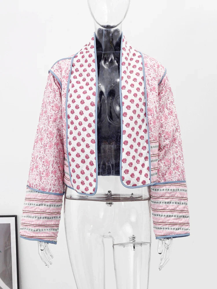 Abrigo reversible mujer con estampado floral, rosa y azul, elegante y cómodo