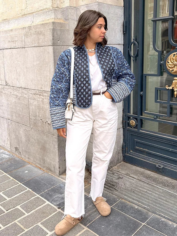 Abrigo reversible mujer con estampado floral, rosa y azul, elegante y cómodo