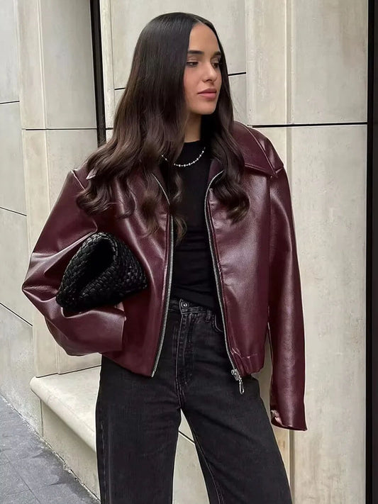 Chaqueta Bomber Cuero Mujer con Mangas 7/8 y Cuello Clásico