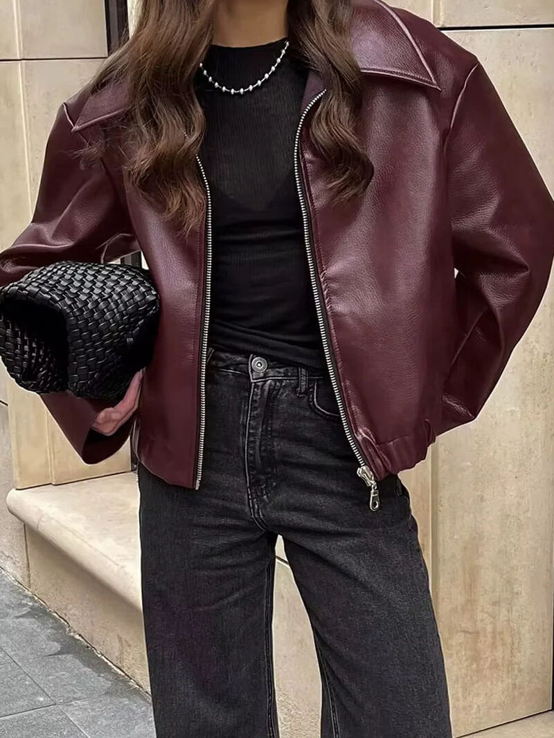 Chaqueta Bomber Cuero Mujer con Mangas 7/8 y Cuello Clásico