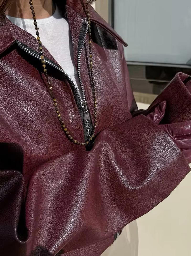 Chaqueta Bomber Cuero Mujer con Mangas 7/8 y Cuello Clásico