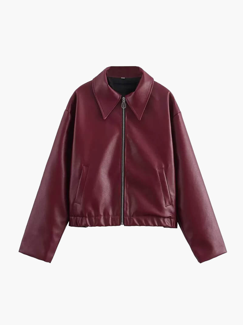 Chaqueta Bomber Cuero Mujer con Mangas 7/8 y Cuello Clásico