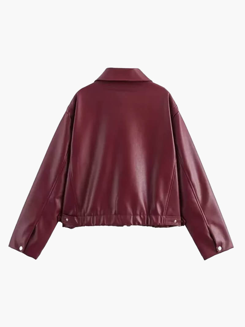 Chaqueta Bomber Cuero Mujer con Mangas 7/8 y Cuello Clásico