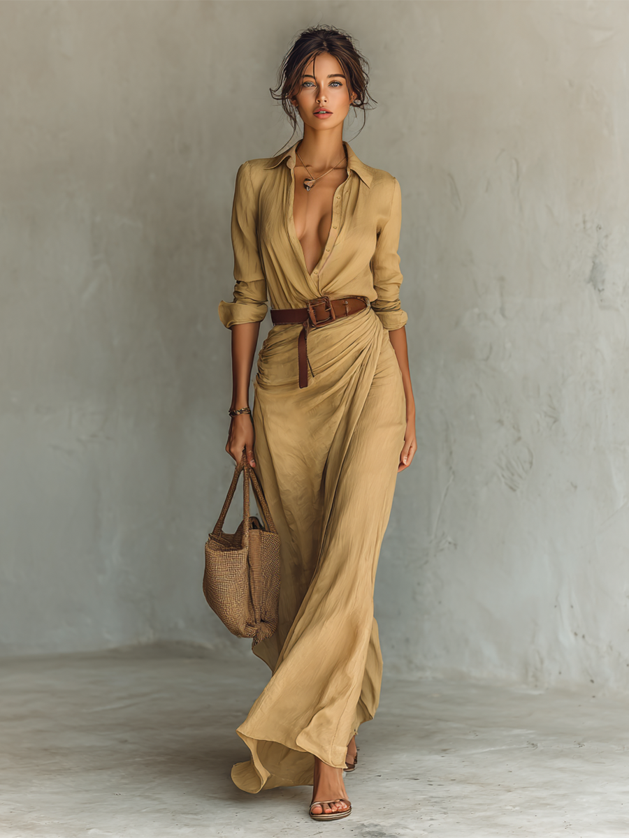 Zara Vestido Largo con Cuello Invertido y Cinturón Ajustable