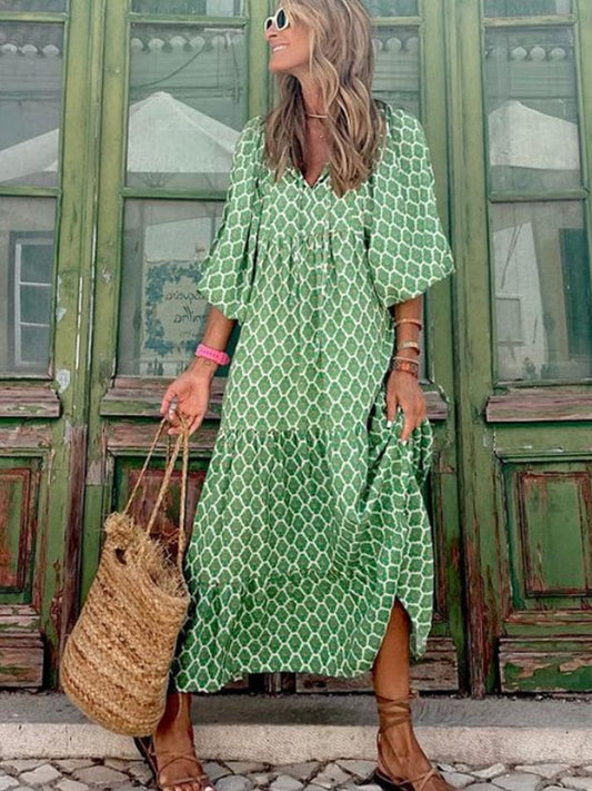 Vestido maxi bohemio verde claro con estampado festivo y mangas largas para mujer