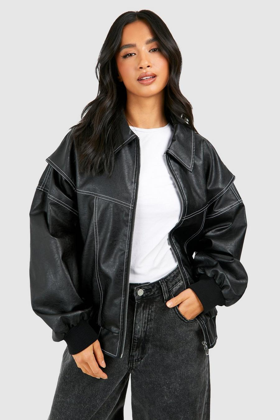 Cuero Bomber Jacket Mujer con Mangas 7/8 y Cuello Clásico