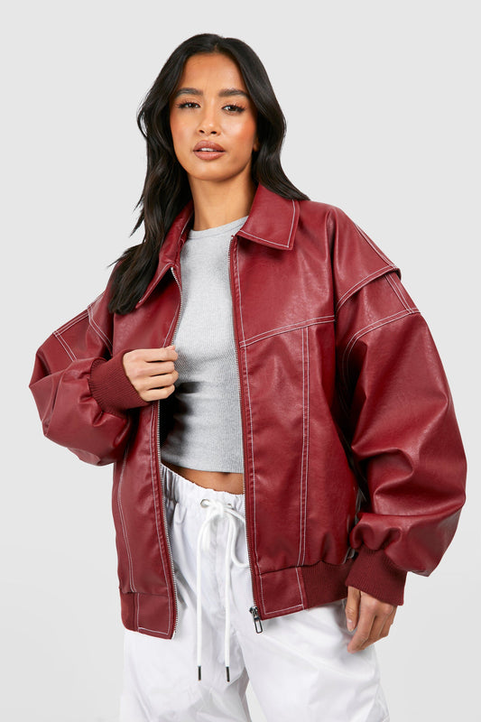 Cuero Bomber Jacket Mujer con Mangas 7/8 y Cuello Clásico