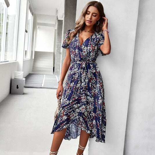 Vestido midi azul oscuro con estampado de flores bohemias para mujer, sofisticado y refinado