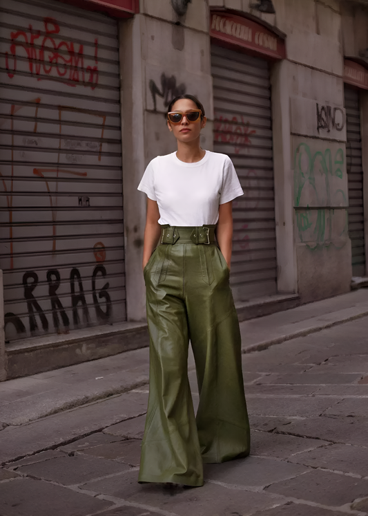 Pantalón de cuero Fenna para mujer con corte amplio y talle alto