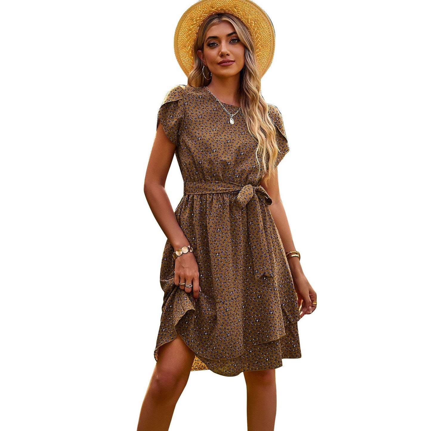 Vestido corto marrón Ibiza con estampado bohemio para mujer