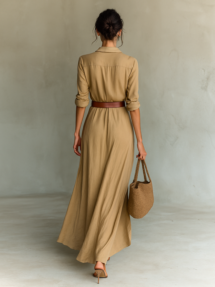 Zara Vestido Largo con Cuello Invertido y Cinturón Ajustable