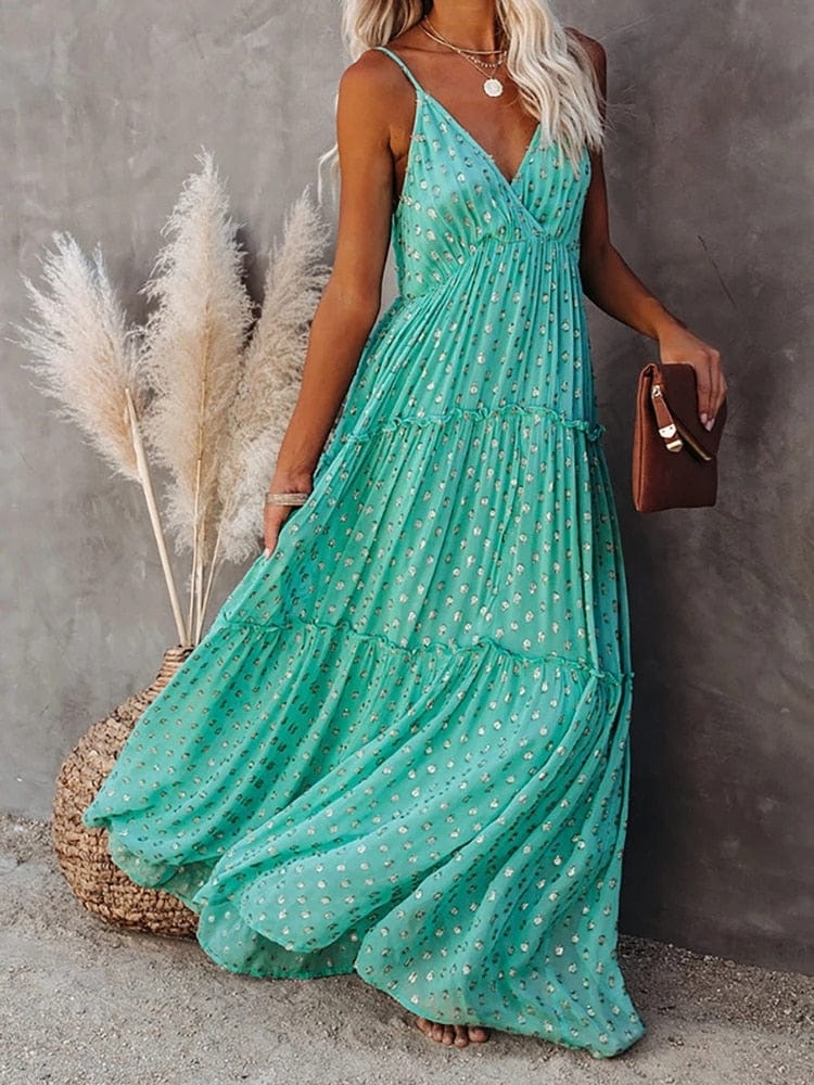 Vestido maxi verde con escote en V y estampado de Ibiza para mujer, veraniego y elegante