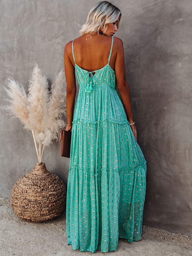 Vestido maxi verde con escote en V y estampado de Ibiza para mujer, veraniego y elegante