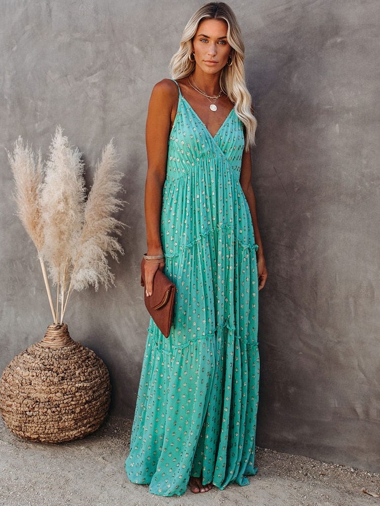 Vestido maxi verde con escote en V y estampado de Ibiza para mujer, veraniego y elegante