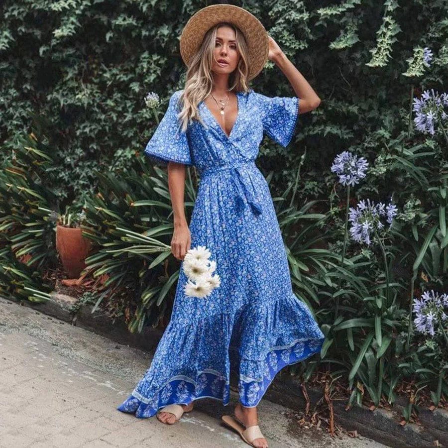 Vestido chic floral con escote halter para mujer, elegante y versátil