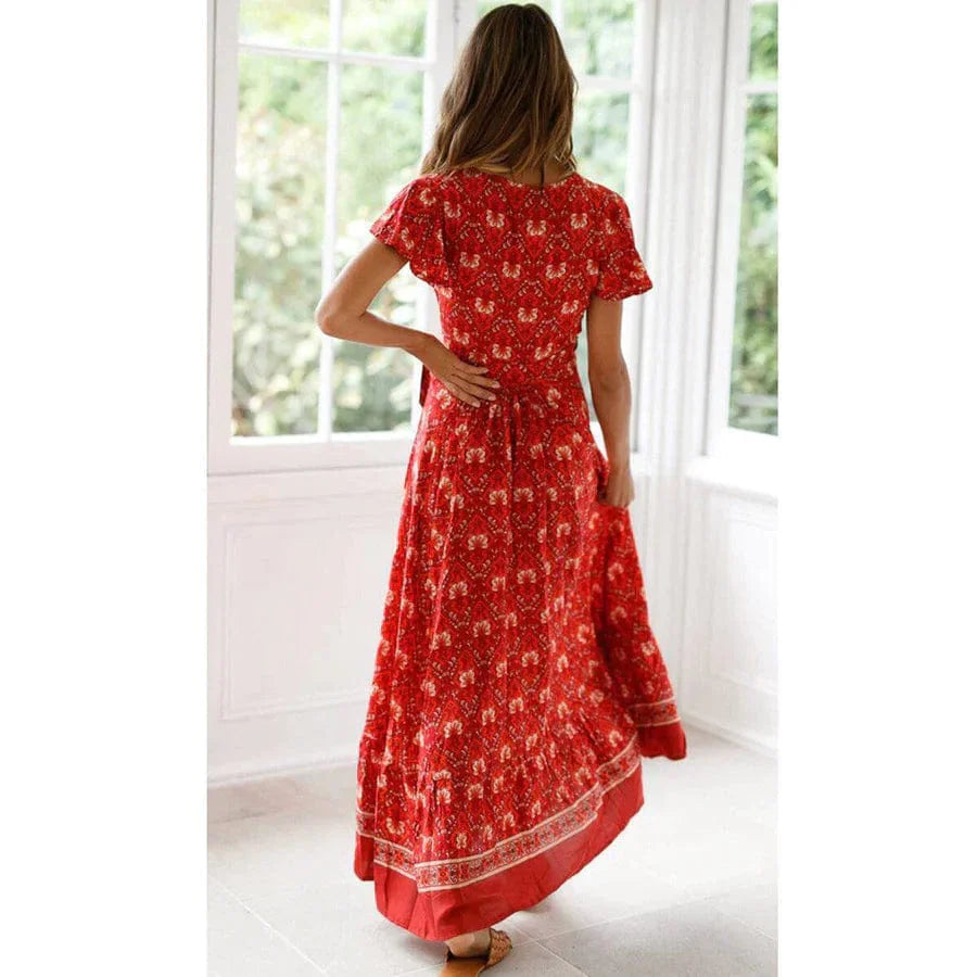 Vestido rojo corte alto para mujer, estilo Ibiza con escote elegante