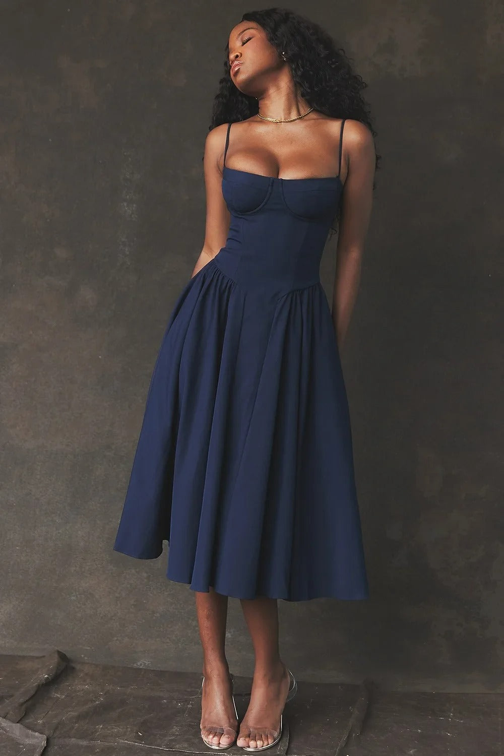 Vestido midi floral retro Kiki™ con cintura ajustable y falda acampanada para mujer