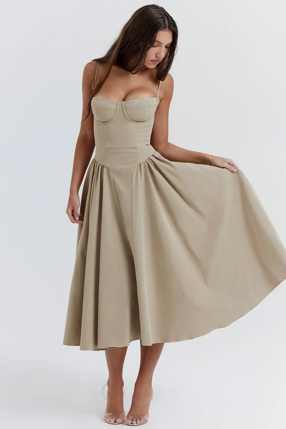 Vestido midi floral retro Kiki™ con cintura ajustable y falda acampanada para mujer