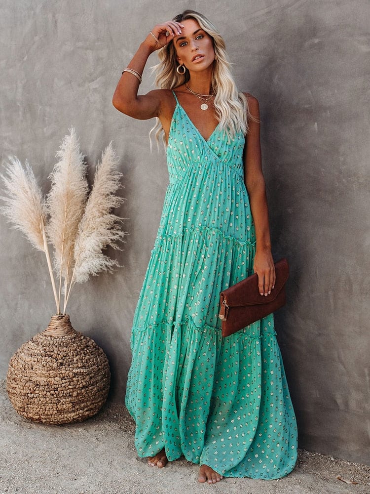 Vestido maxi verde con escote en V y estampado de Ibiza para mujer, veraniego y elegante