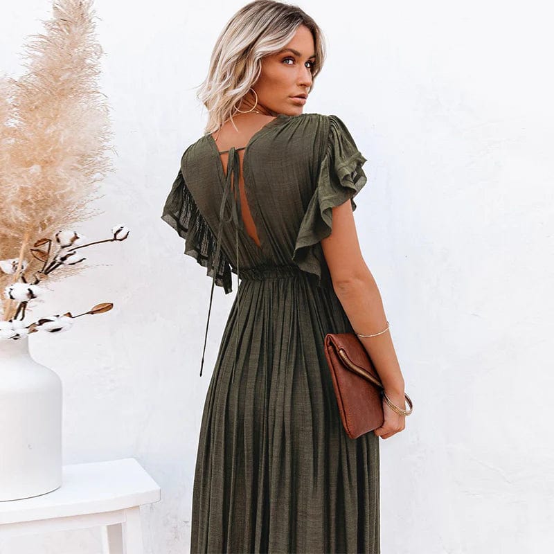 Maxi vestido Ibiza verde oscuro Esmee™ con escote en V y lazo en la parte trasera