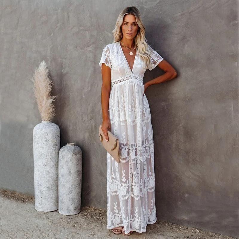 Vestido maxi de encaje para mujer, estilo Ibiza elegante