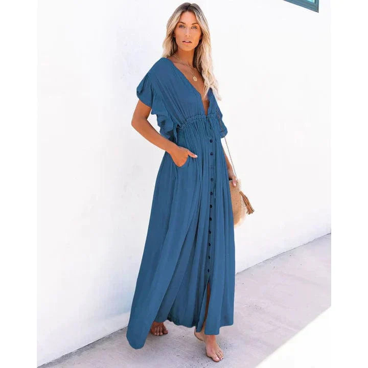 Maxi vestido marino azul de Ibiza Anouk con encaje y volantes para verano