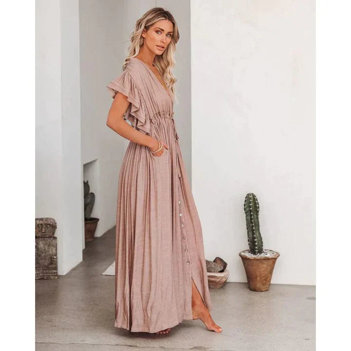 Maxi Taupe Ibiza Dress Anne con tejido ligero para verano
