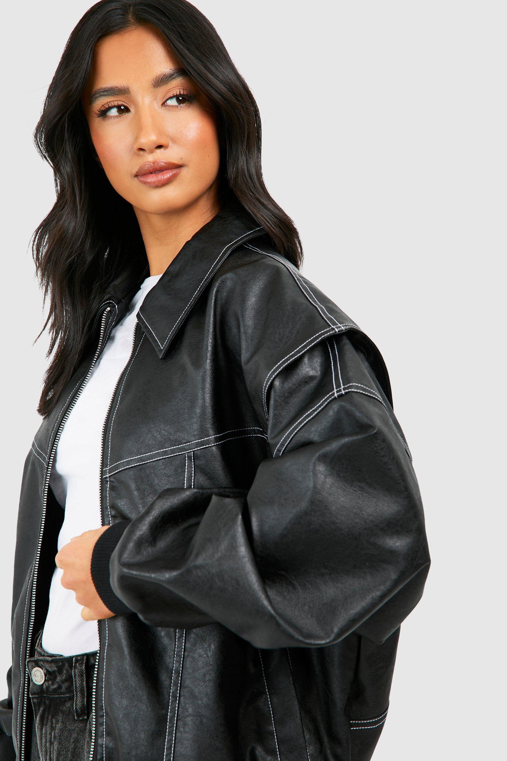 Cuero Bomber Jacket Mujer con Mangas 7/8 y Cuello Clásico