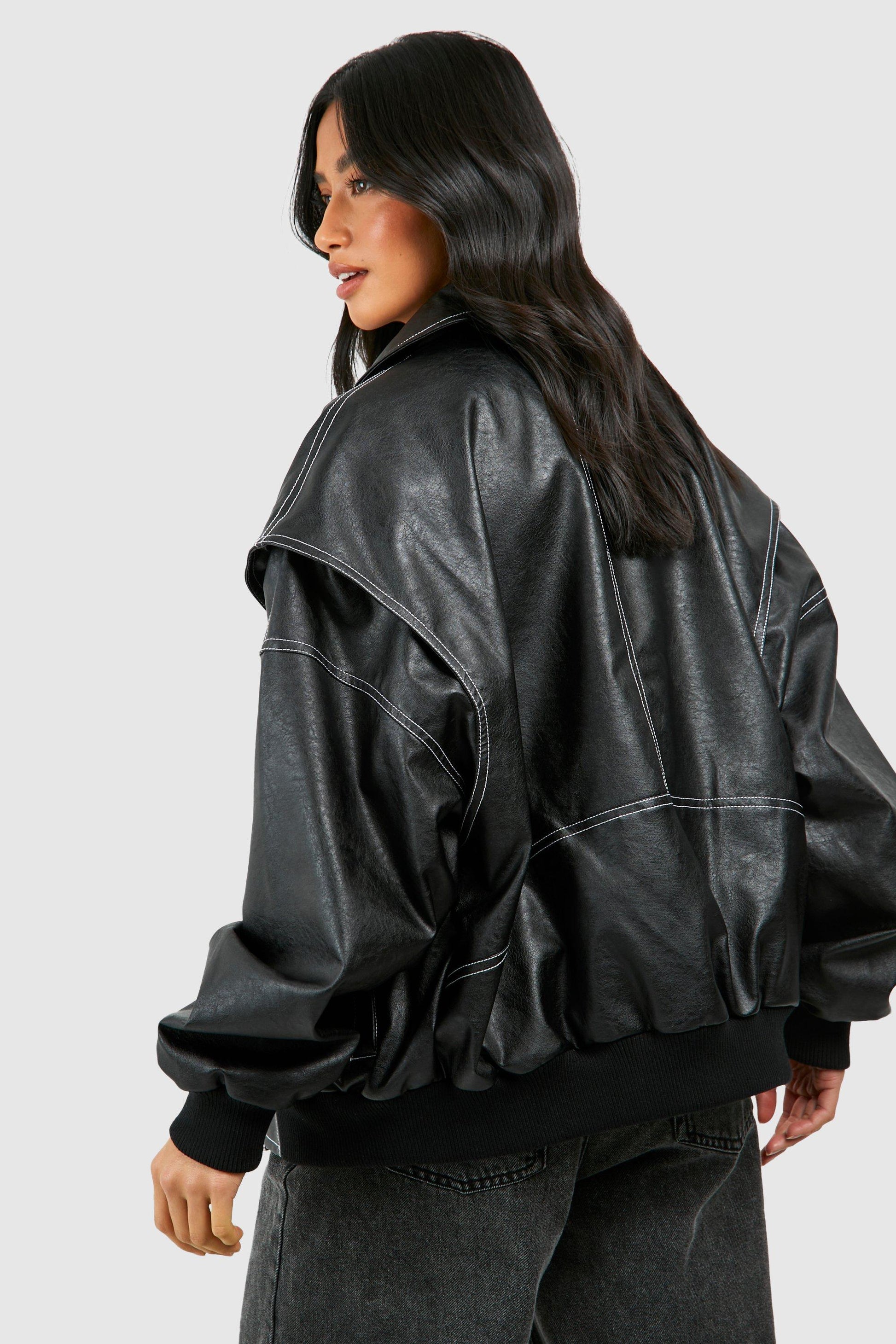 Cuero Bomber Jacket Mujer con Mangas 7/8 y Cuello Clásico