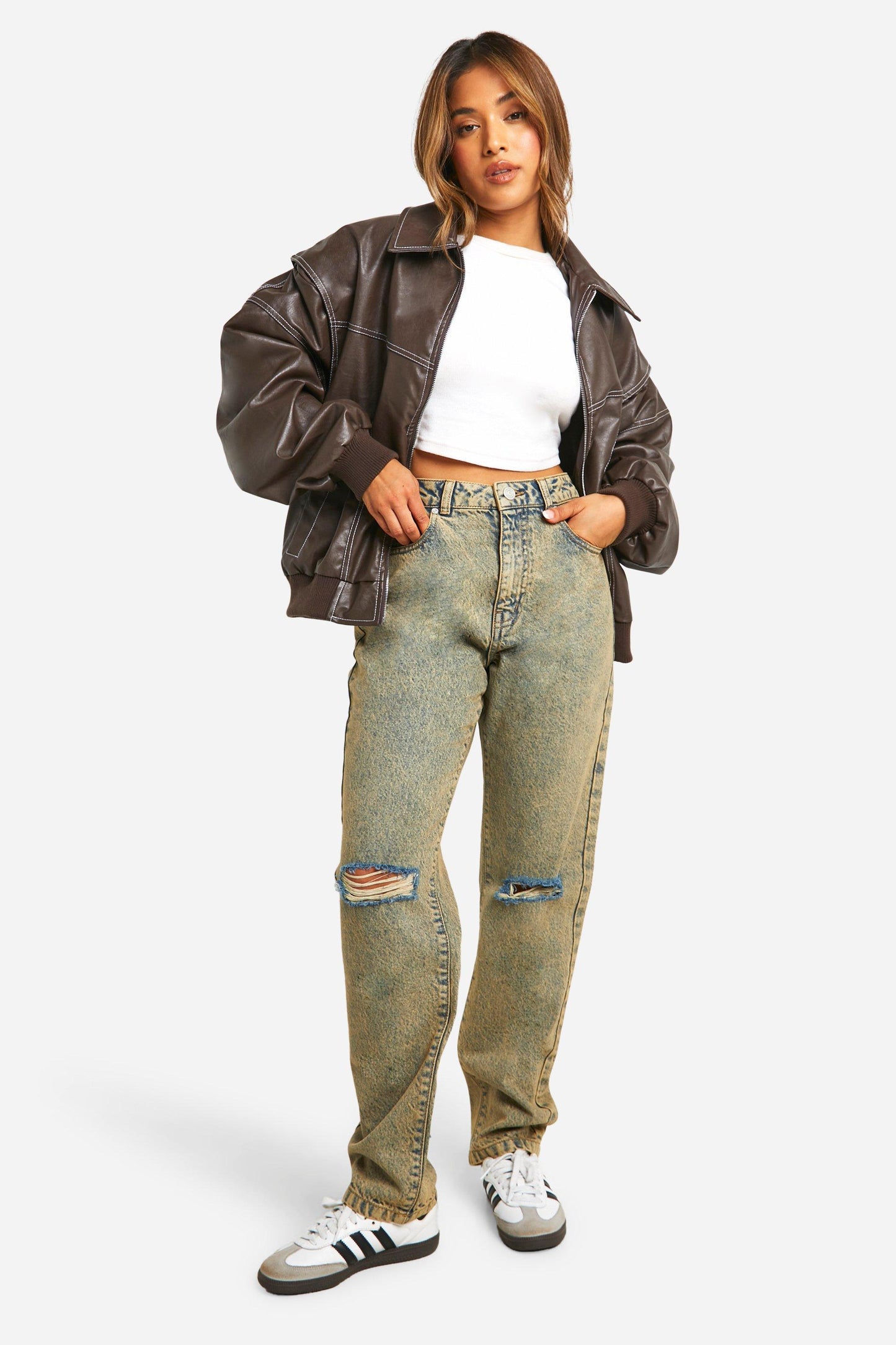 Cuero Bomber Jacket Mujer con Mangas 7/8 y Cuello Clásico